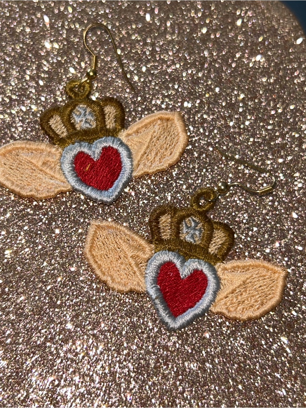 Heart Crown Wing Design FSL Earrings - Red Heart & Gold Brown Thread NEW
